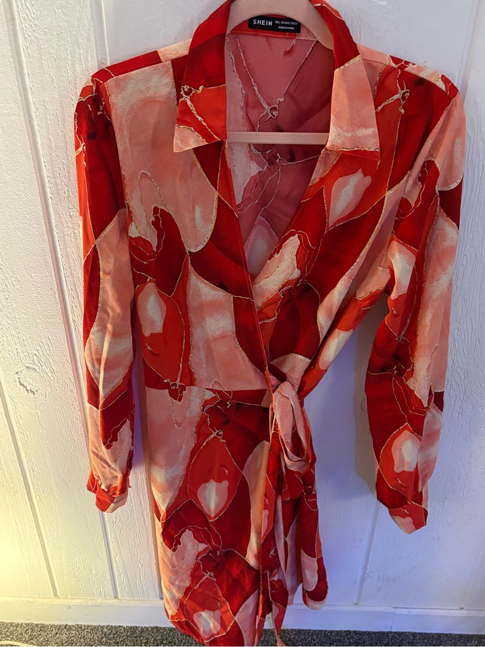 SHEIN Red and Peach Abstract Long Sleeve Wrap Dress